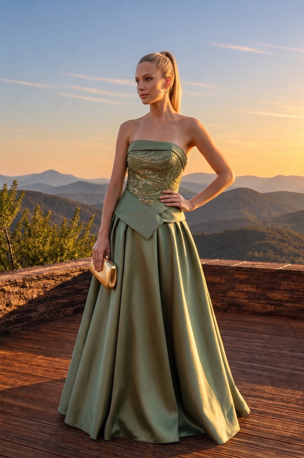 Vestido de Festa Verde Oliva com Corpete Bordado e Saia Evasê em Zibeline