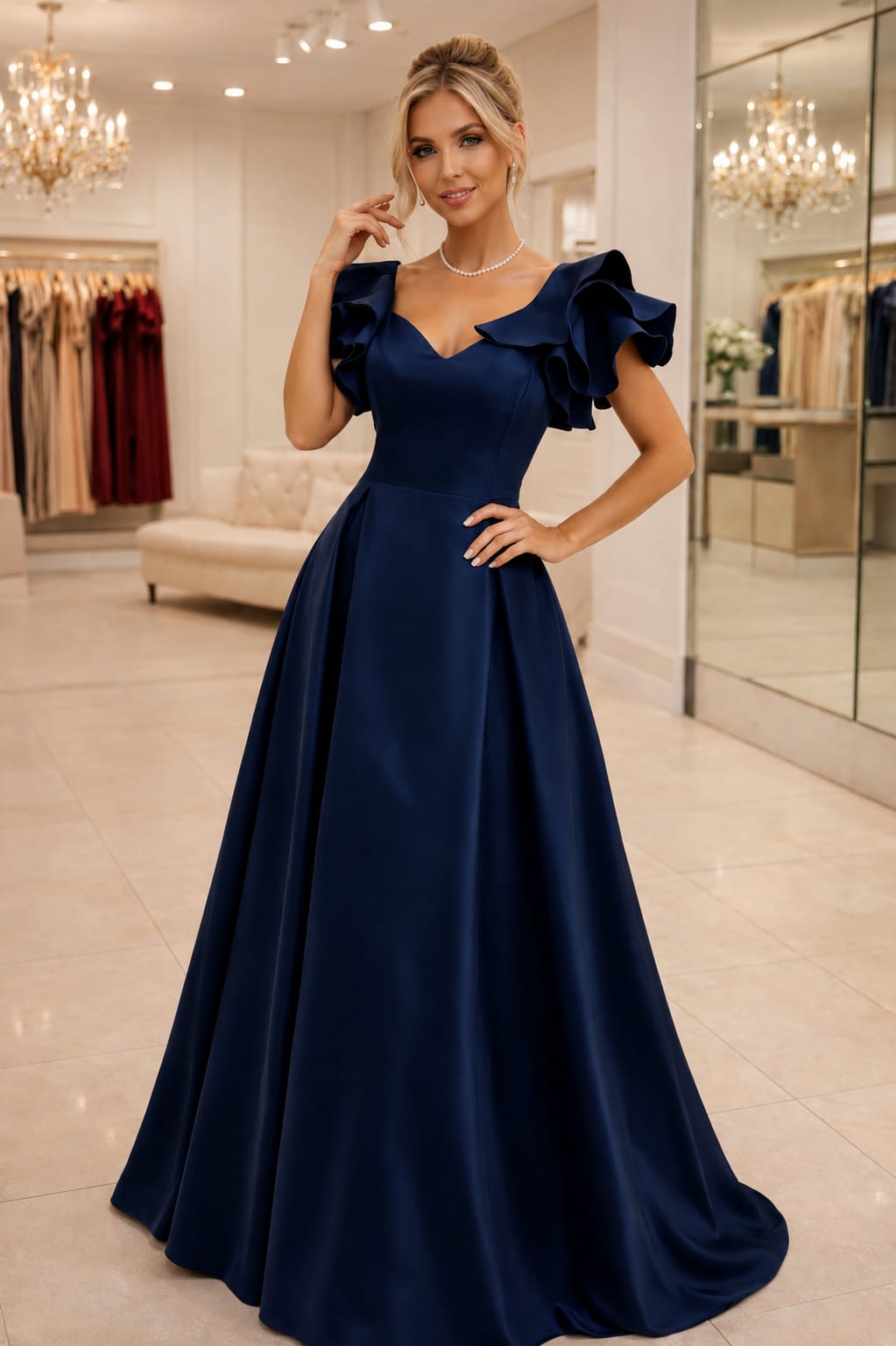 Vestido Longo CDC Amanda Manga com Babados Marinho