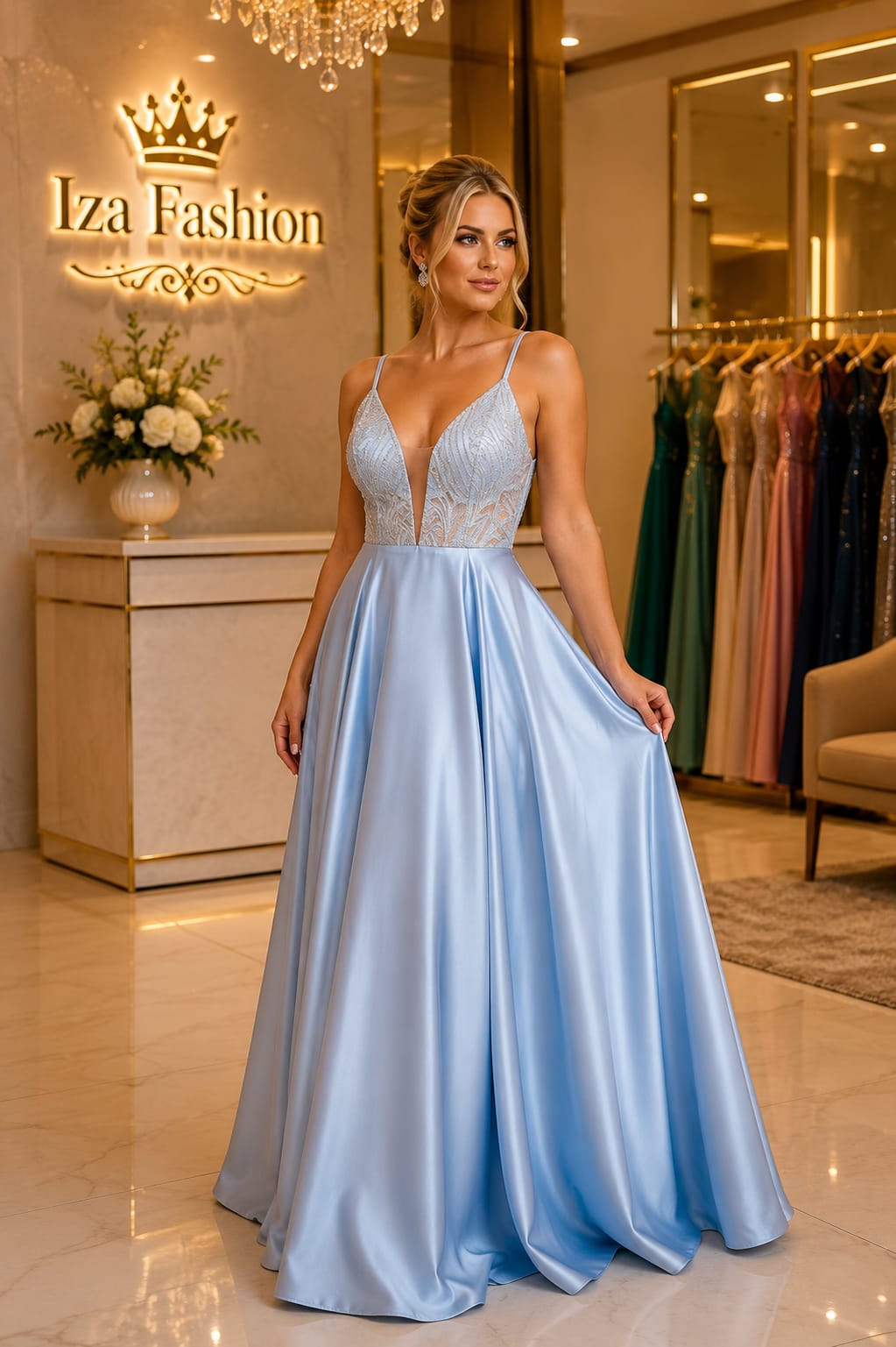 Vestido Longo Cetim Azul Serenity com Busto Bordado e Decote V