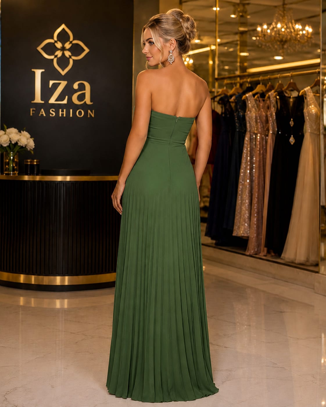 Vestido Longo Chiffon Plissado Tomara que Caia Oliva