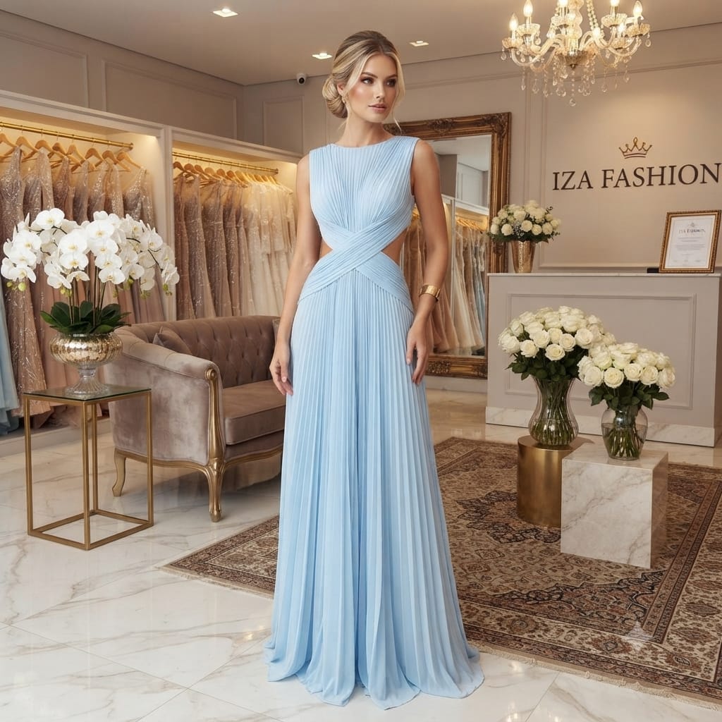 Vestido Longo Azul Serenity Plissado