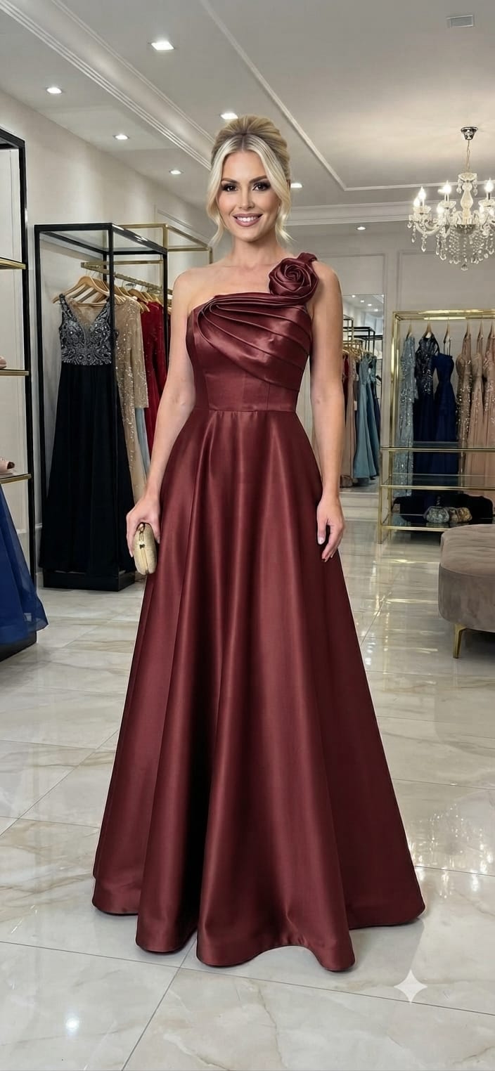 Vestido Longo Zibeline Marsala Um Ombro Só– Elegância e Delicadeza