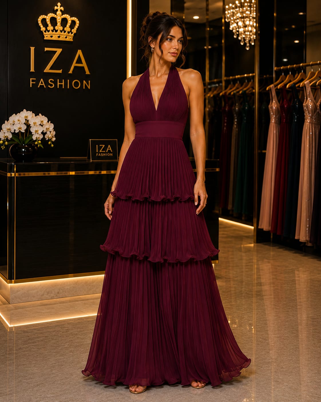 Vestido Longo Plissado com Babados Marsala