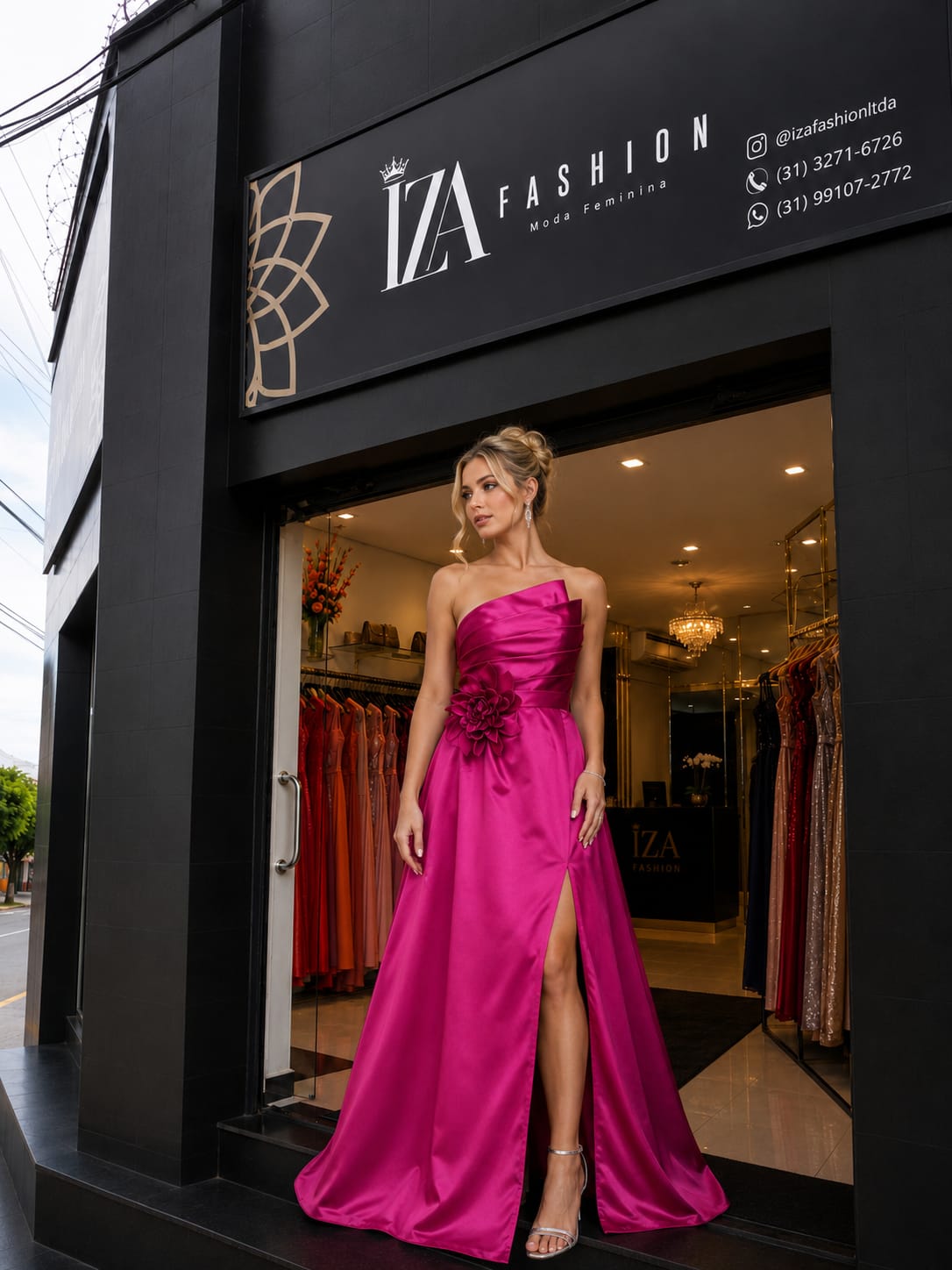 Vestido de Festa Longo Zibeline Fúcsia Tomara Que Caia com Flor