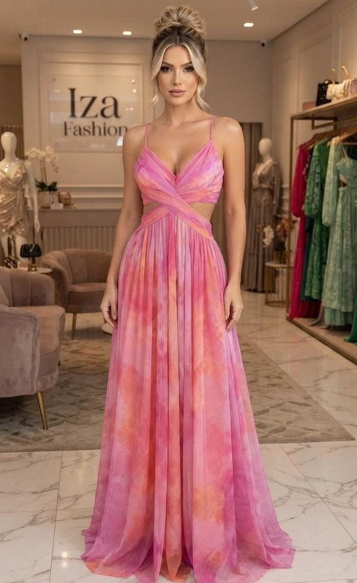 Vestido Longo com Estampa Fundo Rosa Alças Finas e Decote V Toque de Seda