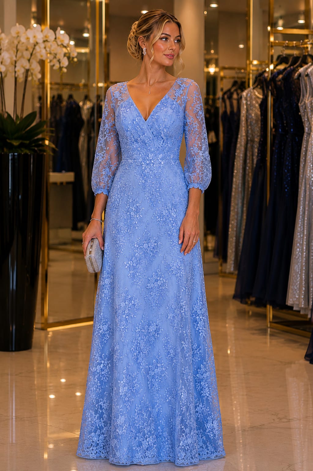 Vestido Longo Renda Bordada Azul Serenity