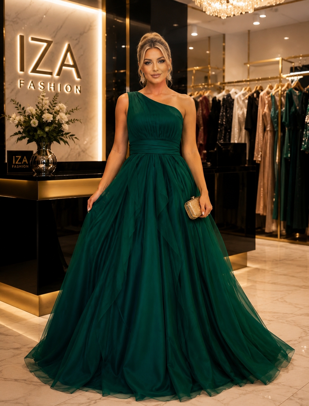 Vestido Longo Verde Esmeralda Um Ombro Só com Saia Princesa