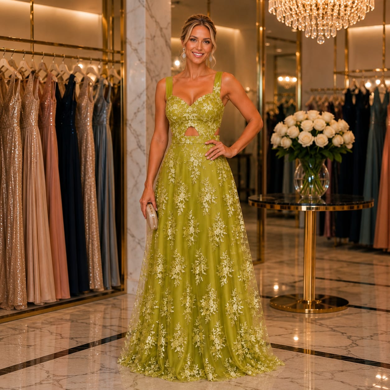 Vestido Longo em Renda Floral com Alças Largas Verde Pistache