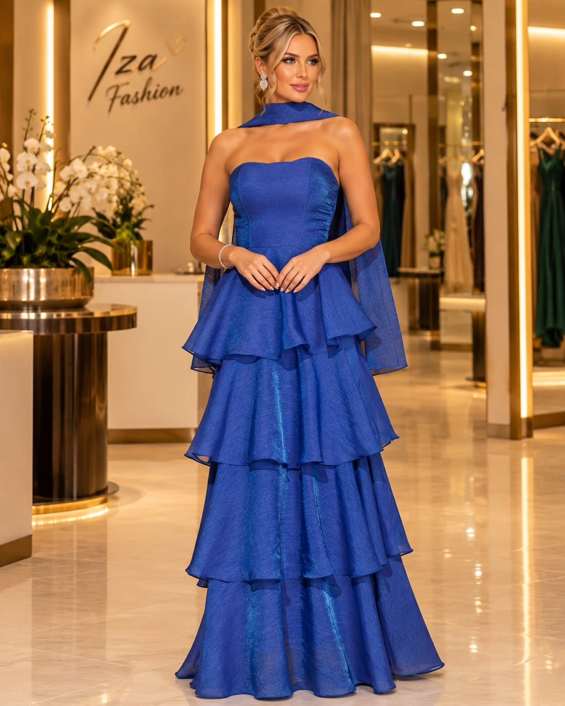 Vestido Longo Azul em Chiffon Tomara que Caia e Saia em Camadas