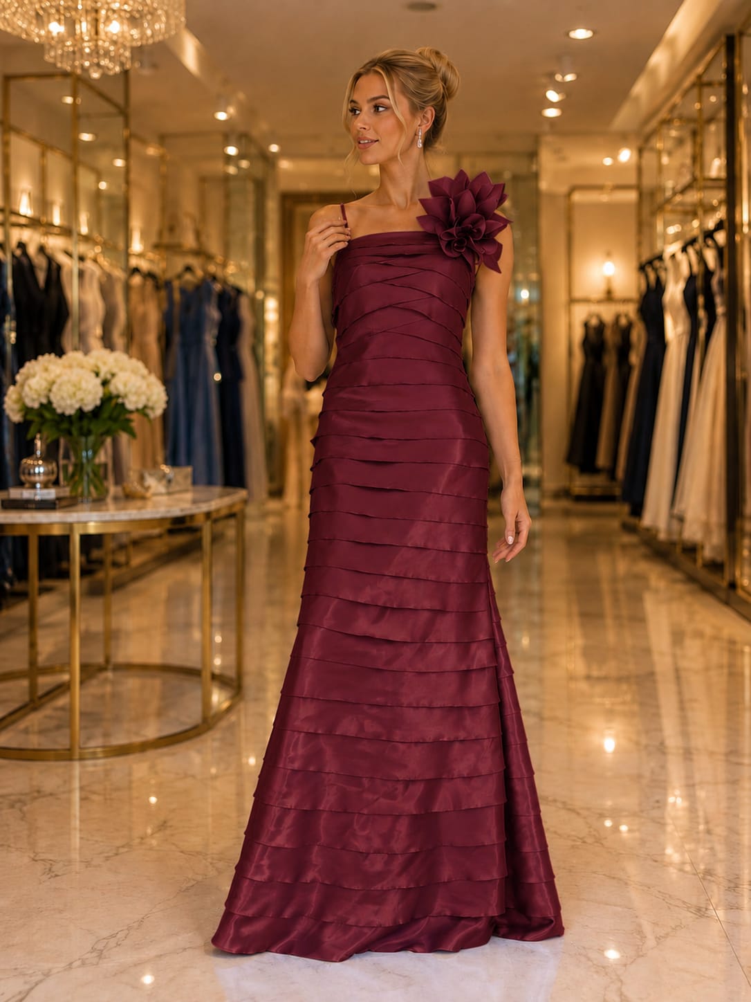 Vestido Zibeline Em Camadas Marsala