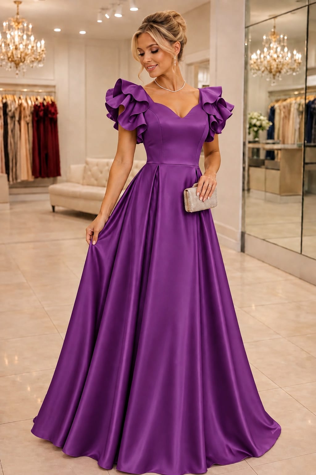 Vestido Longo CDC Amanda Roxo com Manga Babados