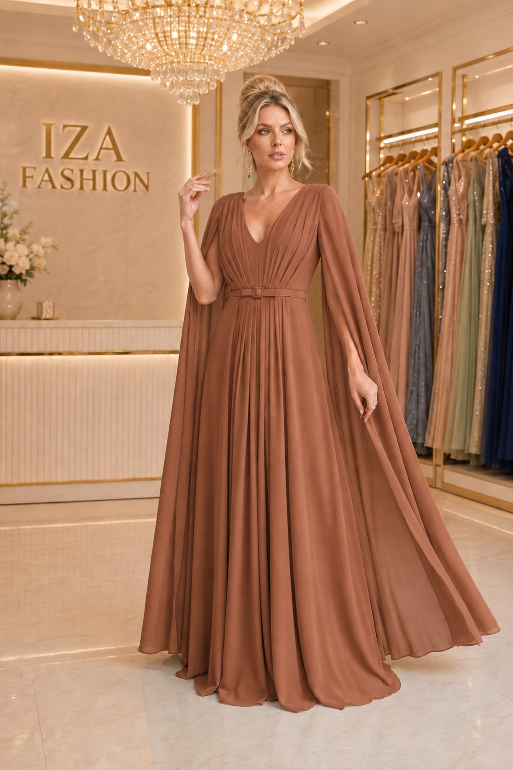 Vestido Longo Marrom Claro com Capa Elegante