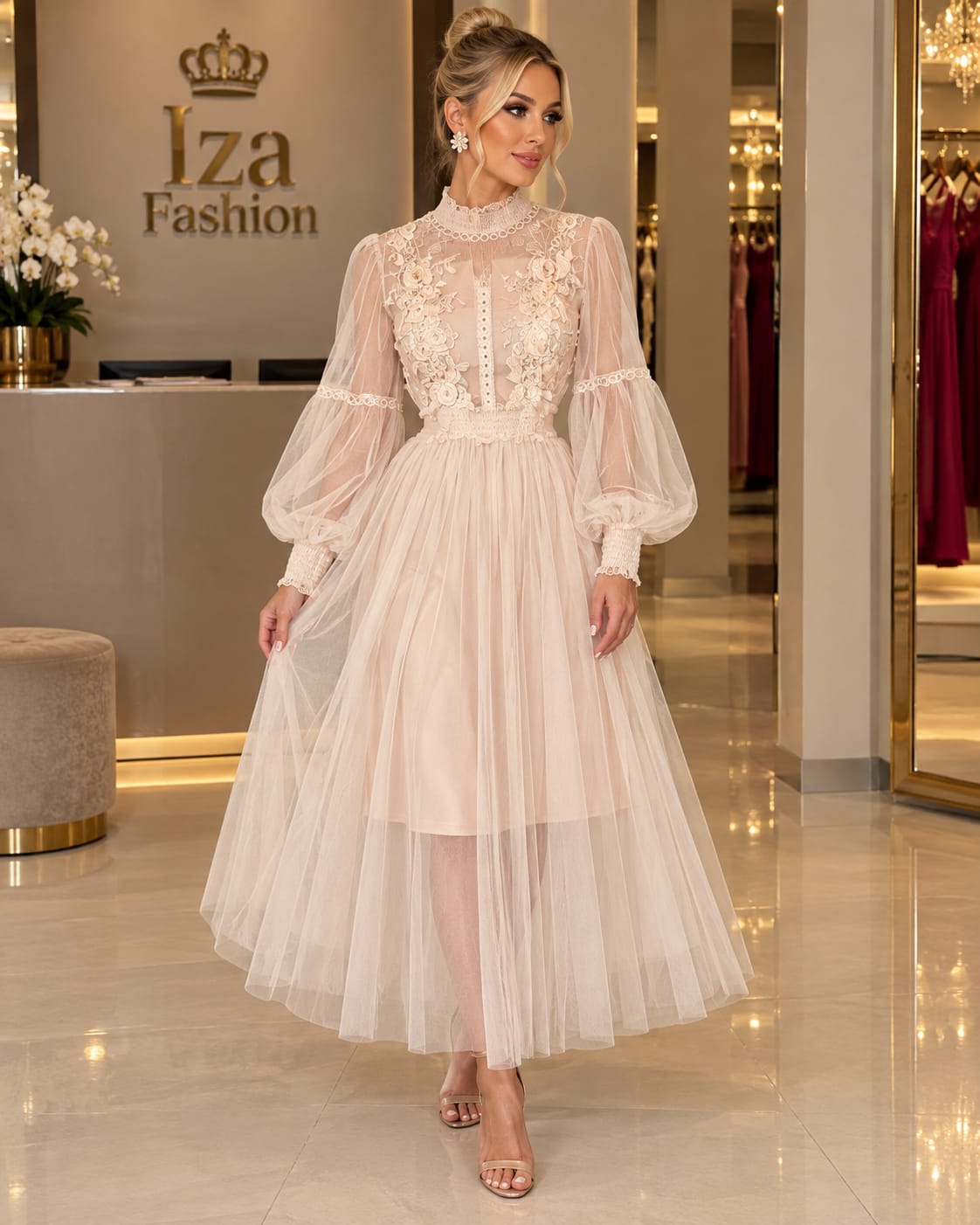 Vestido Midi Champanhe com Crepe Renda Floral Guipir