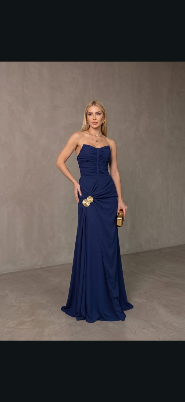 Vestido Longo Crepe Tomara Que Caia Marinho Drapeado