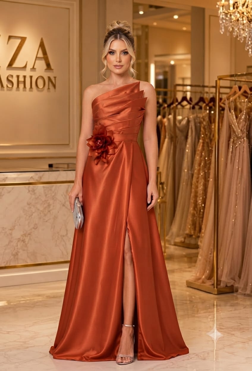 Vestido de Festa Longo Zibeline Terracota Tomara Que Caia com Flor
