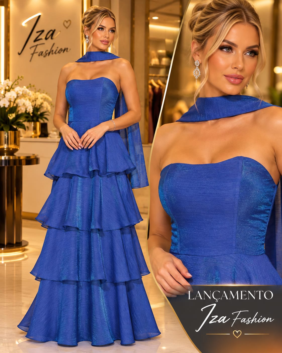 Vestido Longo Azul em Chiffon Tomara que Caia e Saia em Camadas
