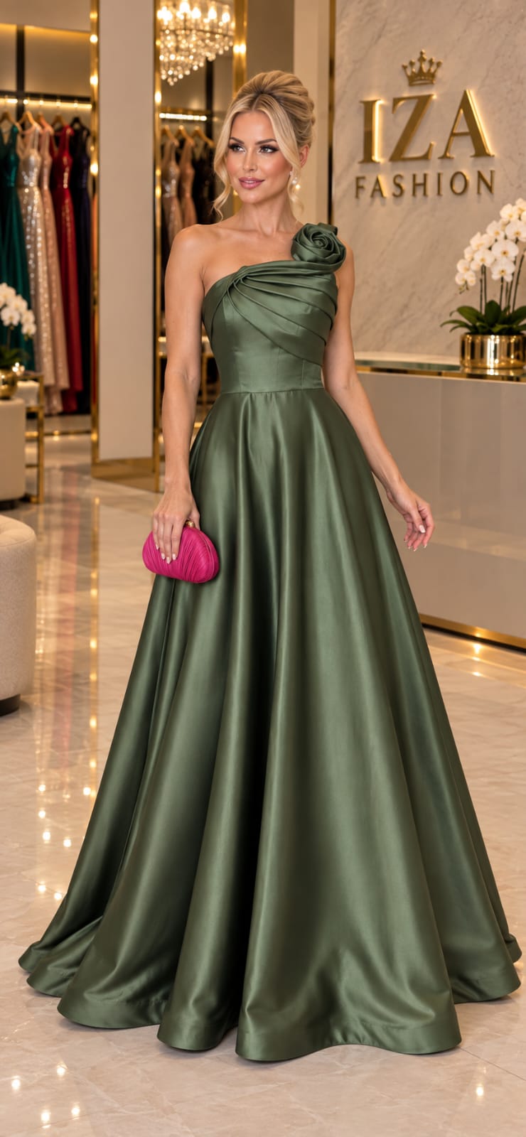 Vestido Longo Zibeline Verde Oliva Um Ombro Só– Elegância e Delicadeza
